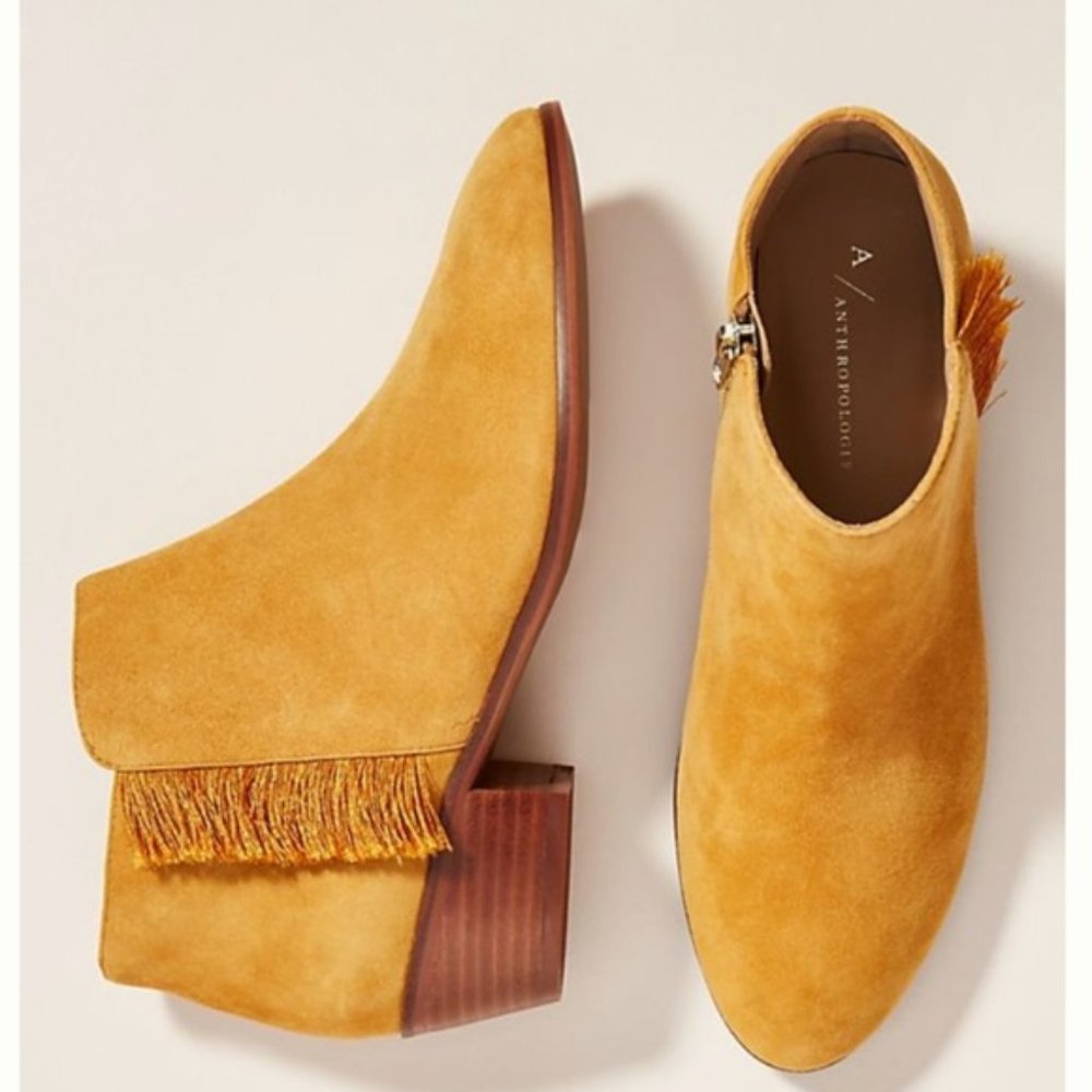 Anthropologie Mustard Yellow Suede Ankle Boot Desert Party Boho Fringe Size 11